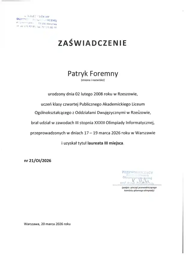 Nasz uczeń laureatem XXXIII Olimpiady Informatycznej! — zdjęcie 1